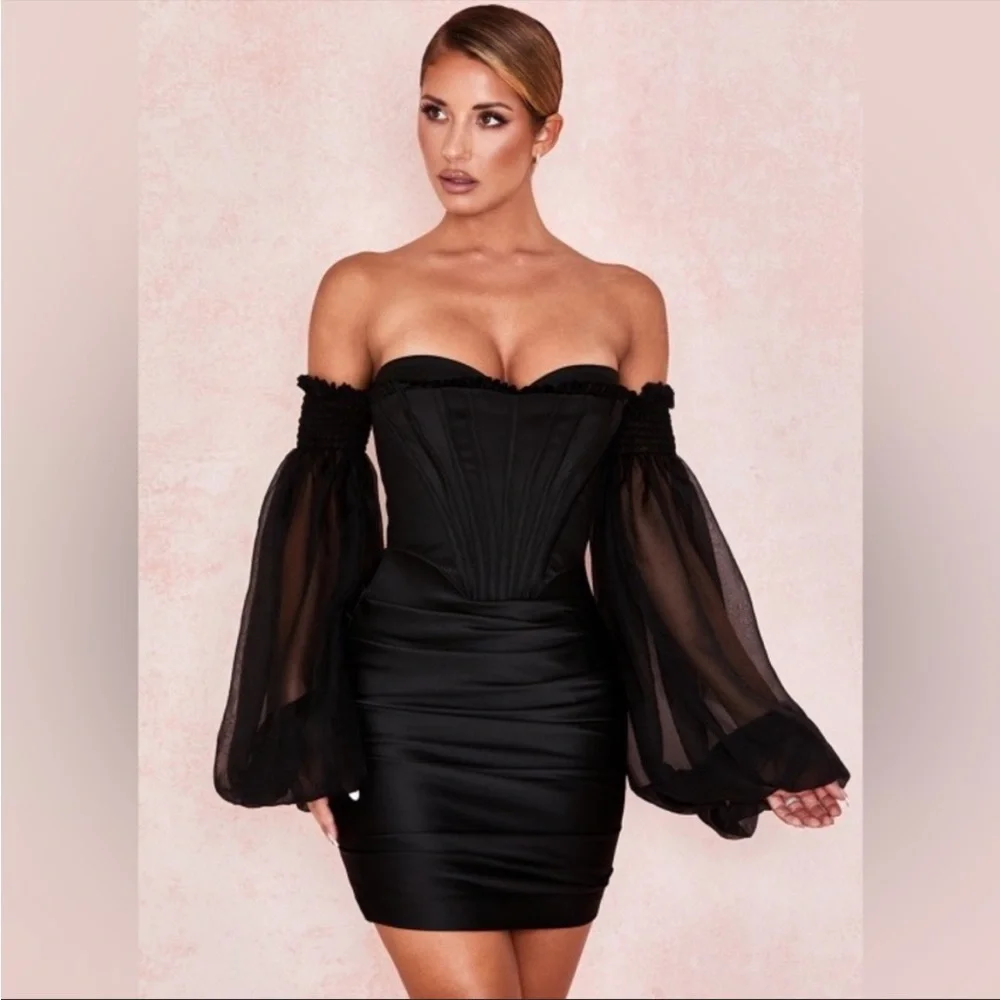 House of CB ‘Beau’ Black Satin and Chiffon Corset Dress NWOT - Picture 8 of 14